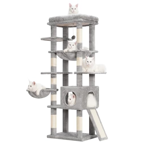 Hey-brother Kratzbaum mit großer Sitzstange und Hängematte, 150 cm, mehrstufiger Katzenturm für Indoor-Katzen, Katzenhaus mit Sisalüberzogenen Kratzbäumen, Hellgrau MPJ057W von Hey-brother