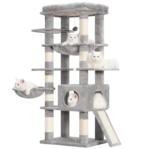 Hey-brother Kratzbaum mit großer Sitzstange und Hängematte, 150 cm, mehrstufiger Katzenturm für Indoor-Katzen, Katzenhaus mit Sisalüberzogenen Kratzbäumen, Hellgrau MPJ057W von Hey-brother