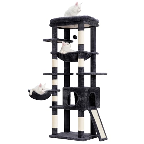 Hey-brother Kratzbaum mit großer Sitzstange und Hängematte, 150 cm, mehrstufiger Katzenturm für Indoor-Katzen, Katzenhaus mit Sisalüberzogenen Kratzbäumen, Rauchgrau MPJ057G von Hey-brother