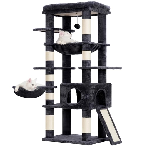 Hey-brother Kratzbaum mit großer Sitzstange und Hängematte, 150 cm, mehrstufiger Katzenturm für Indoor-Katzen, Katzenhaus mit Sisalüberzogenen Kratzbäumen, Rauchgrau MPJ057G von Hey-brother