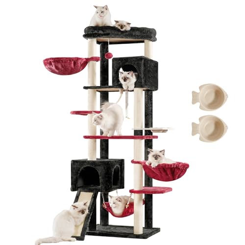 Hey-brother MPJ036BR Kratzbaum mit mehreren Ebenen, für große Katzen, robuster Katzenturm mit Katzenhütte, Körben, Katzenkratzbäumen, große Hängematte und Futternäpfe, Schwarz und Rot, 180 cm von Hey-brother