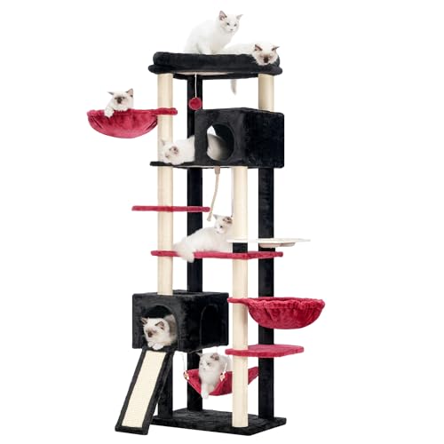 Hey-brother MPJ036BR Kratzbaum mit mehreren Ebenen, für große Katzen, robuster Katzenturm mit Katzenhütte, Körben, Katzenkratzbäumen, große Hängematte und Futternäpfe, Schwarz und Rot, 180 cm von Hey-brother