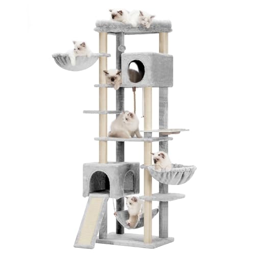 Hey-brother MPJ036G Kratzbaum mit mehreren Ebenen, für große Katzen, robuster Katzenturm mit Katzenhütte, Körben, Katzenkratzbäumen, große Hängematte und Futternäpfe, Rauchgrau von Hey-brother