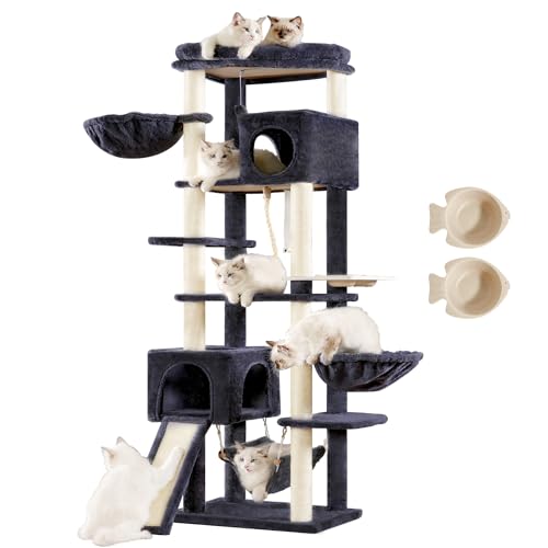 Hey-brother Kratzbaum MPJ036G, mehrstufiger Katzenbaum für große Katzen, robuster Katzenturm mit Katzenhütte, Körben, Katzenkratzbäumen, große Hängematte und Futternäpfe, Rauchgrau von Hey-brother