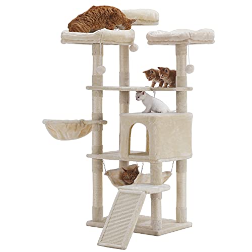 Hey-brother Mehrstufiger Katzenbaum, großer Katzenturm mit größerer Hängematte, 3 gemütlichen Sitzstangen, Kratzbäume, stabil für Kätzchen/Gig-Katze, Beige MPJ0026M von Hey-brother