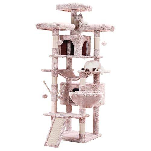 Hey-brother Muchroom MPJ034MU Katzenbaum, 180,3 cm, XL, großer Katzenturm für Wohnungskatzen, mehrstufiges Katzenhaus mit 3 gepolsterten Sitzstangen, großer Kratzbaum, gemütlicher Korb, 2 Katzenhütten von Hey-brother