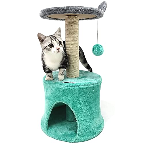 HeyKitten Kleine Katze Aktivitätsbaum Condo mit Sitzstange, Stilvolles Basic Tower Haus mit Sprungplattform, Niedliches Kitty Höhlenbett mit Kratzbaum und baumelndem Spielzeugball für Indoor Katzen und Kätzchen von HeyKitten