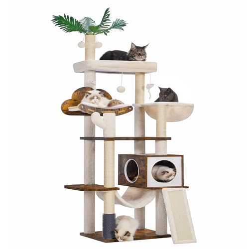 Heybly HCT120SR Kratzbaum aus Holz für Indoor-Katzen, Katzenhaus für große Katzen mit Selbstpflege, moderner Kratzturm mit Korb, Hängematte, baumelnder Ball und Blättern, rustikales Braun von Heybly