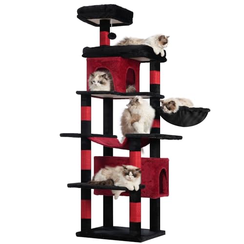 Heybly Gothic Katzenbaum, 70 Zoll Katzenturm für Indoor-Katzen, mehrstufige Plüsch-Katzenhütte mit 8 Kratzstämmen, 2 Höhlen, 2 Sitzstangen, Hängematte, Korb, Pompon, Schwarz und Rot HCT036BR von Heybly