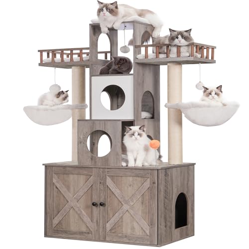 Heybly HCT110SG Kratzbaum mit Katzentoilette für den Innenbereich, Katzenturm für große Katzen, 9 kg, strapazierfähig, modernes Katzenhaus mit Kratzbäumen, rustikales Grau von Heybly