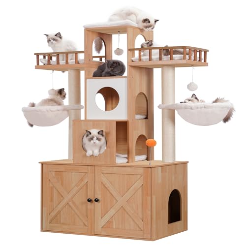 Heybly HCT110WB Kratzbaum mit Katzentoilette für den Innenbereich, Katzenturm für große Katzen, 9 kg, strapazierfähig, modernes Katzenhaus mit Kratzstämmen, Walnuss von Heybly