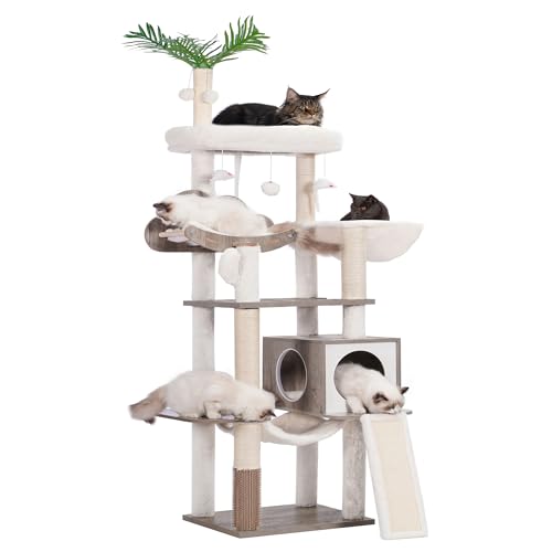 Heybly Holz Kratzbaum, für Indoor-Katzen, Katze Condo für große Katzen mit Selbst Groomer, Moderne Katze Kratzturm mit Korb, Hängematte, baumelnden Ball und Blätter, Rustic Gray HCT120SG von Heybly