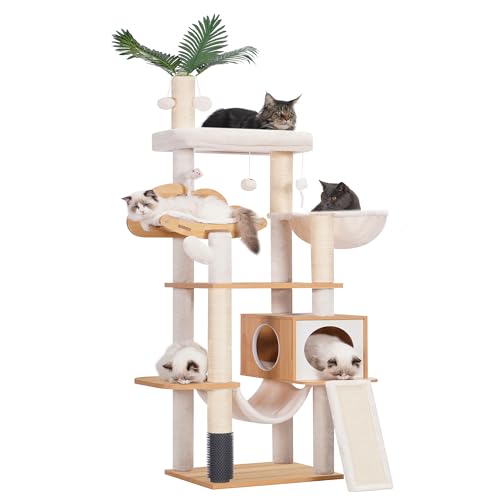 Heybly Holz Kratzbaum, für Indoor-Katzen, Katze Condo für große Katzen mit selbst Groomer, Moderne Katze Kratzturm mit Korb, Hängematte, Dangling Ball und Blätter, Walnuss HCT120WB von Heybly