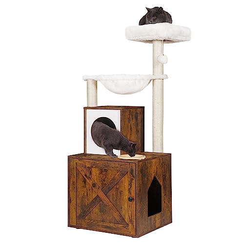 Heybly Katzenbaum Holz Katzentoilettengehege mit Futterstation All-in-One Indoor Katzenmöbel mit Korb und Höhle Modern Style Katzenturm Hängematte Rustikal Braun HCT101SR von Heybly