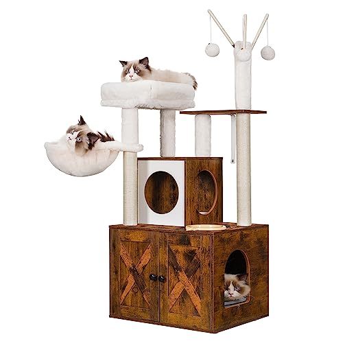 Heybly Katzenbaum, Holz-Katzentoilette, Gehäuse mit Futterstation, All-in-One-Katzenmöbel für den Innenbereich mit großer Plattform und Wohnung, moderner Stil, Hängematte, rustikales Braun HCT102SR von Heybly