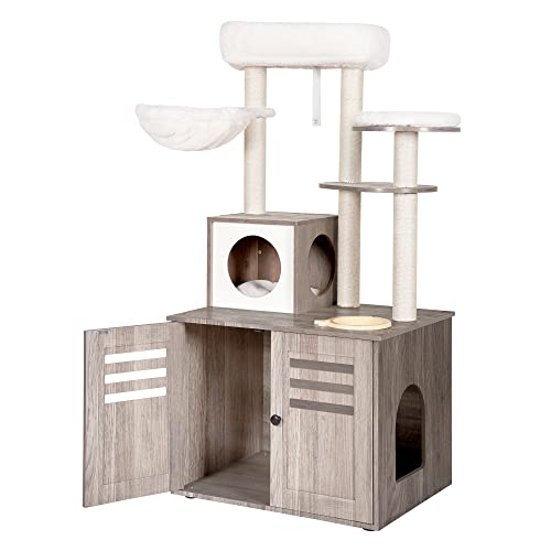 Heybly Katzenbaum, Holz-Katzentoilette, Gehäuse mit Futterstation, All-in-One-Katzenmöbel für den Innenbereich mit großer Plattform und Wohnung, moderner Stil, Hängematte, rustikales Grau HCT100SG von Heybly