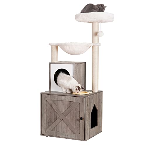 Heybly Katzenbaum, Holz-Katzentoilette mit Futterstation, All-in-One-Katzenmöbel für den Innenbereich, mit Korb und Höhle, moderner Katzenturm, Hängematte, rustikales Grau HCT101SG von Heybly