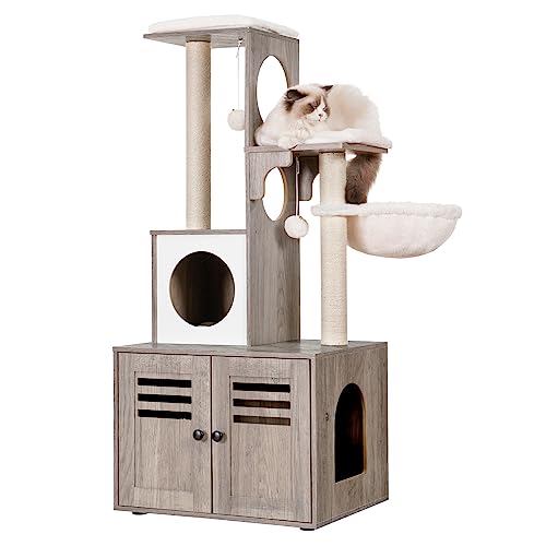 Heybly Katzenbaum Holz Katzentoilettengehege mit Futterstation All-in-One Indoor Katzenmöbel mit großer Plattform und Höhle Modern Style Katzenturm Hängematte Rustikales Braun HCT103SG von Heybly