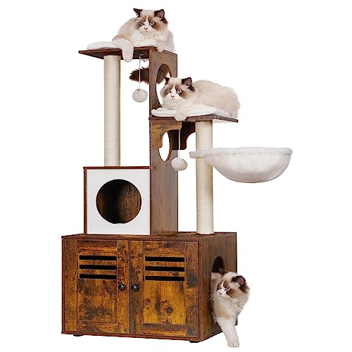 Heybly Katzenbaum, Holz-Katzentoilette mit Futterstation, All-in-One-Katzenmöbel für den Innenbereich mit großer Plattform und Höhle, moderner Katzenturm, Hängematte, rustikales Braun HCT103SR von Heybly