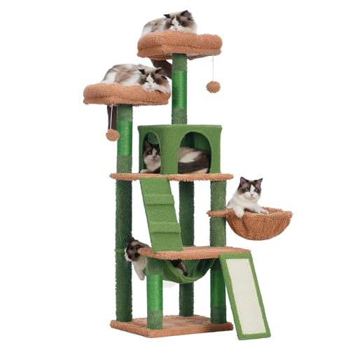 Heybly Katzenbaum, Kaktus-Katzenturm für Indoor-Katzen, mehrstufiges Katzenmöbel-Wohnhaus für Katzen mit gepolsterter Plüsch-Sitzstange, gemütlichem Korb und Kratzbrett HCT014CA von Heybly