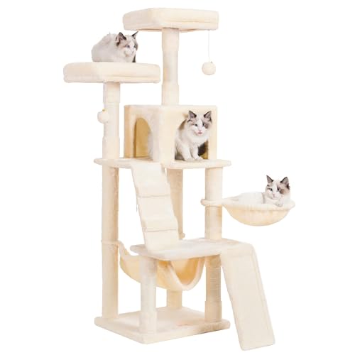 Heybly Katzenbaum, Katzenturm für Indoor-Katzen, mehrstöckige Katzenmöbel für Katzen mit gepolsterter Plüschstange, gemütlicher Korb und Kratzbrett, beige HCT014M von Heybly