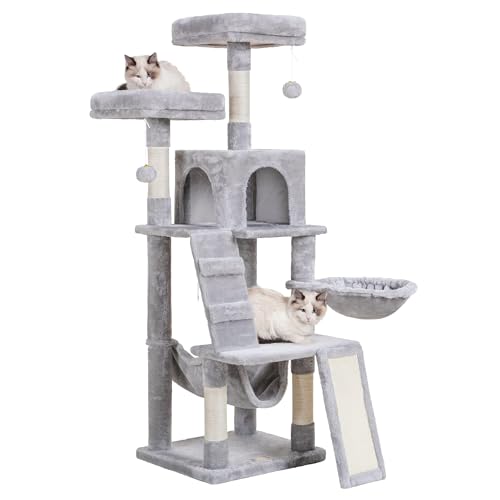 Heybly Katzenbaum, Katzenturm für Indoor-Katzen, mehrstöckige Katzenmöbel für Katzen mit gepolsterter Plüschstange, gemütlicher Korb und Kratzbrett, hellgrau HCT014W von Heybly