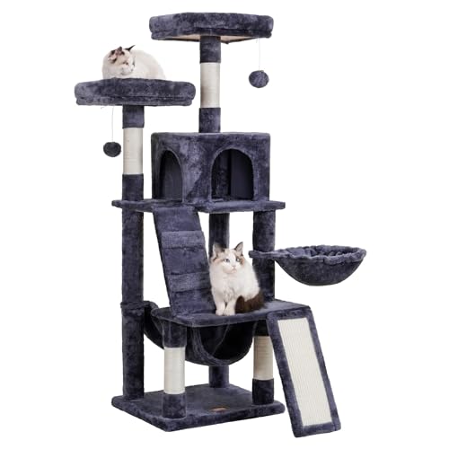 Heybly Katzenbaum, Katzenturm für Indoor-Katzen, mehrstöckige Katzenmöbel für Katzen mit gepolsterter Plüschstange, gemütlicher Korb und Kratzbrett, rauchgrau HCT014G von Heybly