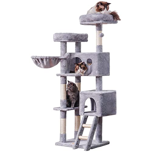 Heybly Katzenbaum, Katzenturm für Indoor-Katzen, mehrstöckige Katzenmöbel für große Katzen mit 2 gepolsterten Plüschstangen, gemütlichem Korb und Kratzstämmen HCT023W von Heybly