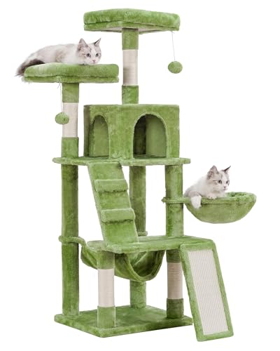 Heybly Katzenbaum, Katzenturm für Wohnungskatzen, mehrstufiges Katzenmöbel für Katzen mit gepolsterter Plüschstange, gemütlichem Korb und Kratzbrett, rauchgrün HCT014GR von Heybly