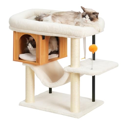 Heybly Katzenbaum für Indoor-Katzen, Moderner Katzenturm mit 3 Kratzstämmen, Katzenhöhle aus Holz, Sitzstange, Hängematte, Spielspielzeug Ball, Walnuss HCT017WB von Heybly