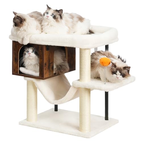 Heybly Katzenbaum für Indoor-Katzen, moderner Katzenturm mit 3 Kratzstämmen, Katzenhöhle aus Holz, Sitzstange, Hängematte, verspielter Spielzeugball, Rustikales Braun HCT017SR von Heybly