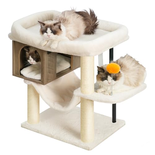 Heybly Katzenbaum für Indoor-Katzen, moderner Katzenturm mit 3 Kratzstämmen, Katzenhöhle aus Holz, Sitzstange, Hängematte, verspielter Spielzeugball, rustikales Grau HCT017SG von Heybly