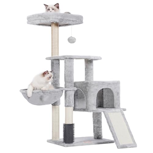 Heybly Katzenbaum mit Katzen-Bürste, Katzenturm für Indoor-Katzen mit gepolsterter Plüschstange, Futternapf, Katzenhaus mit Korb, Kratzbrett, Hellgrau HCT005SW von Heybly