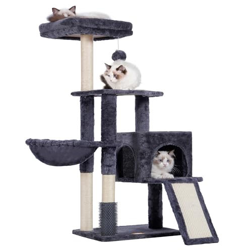 Heybly Kratzbaum mit selbstpflegender Bürste, Katzenturm für Indoor-Katzen mit gepolsterter Plüsch-Sitzstange, Katzenhaus mit Korb, Kratzbrett, Rauchgrau HCT005SG von Heybly