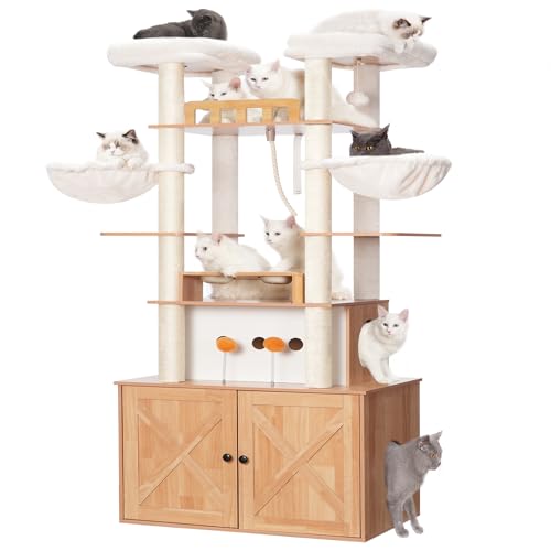 Heybly HCT112WB Kratzbaum für Maine Coon mit Katzentoilette, 182,9 cm, Holz-Katzenturm für Indoor-Katzen, große Erwachsene, große Wohnung mit Futterstation, Körben, Möbel mit Kratzbaum aus Sisal von Heybly