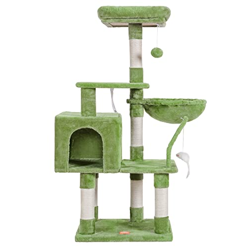 Heybly Katzenbaum mit Spielzeug, 130 cm, Katzenturm für Indoor-Katzen, Katzenhaus mit gepolsterter Plüschstange, gemütlicher Hängematte und Sisal-Kratzstämmen, Grün HCT004GR von Heybly