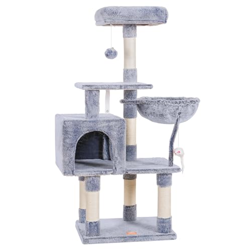 Heybly Katzenbaum mit Spielzeug, 130 cm, Katzenturm für Indoor-Katzen, Katzenhaus mit gepolsterter Plüschstange, gemütlicher Hängematte und Sisal-Kratzstämmen, Zinn HCT004PE von Heybly