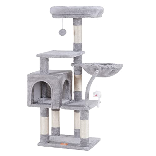 Heybly Katzenbaum mit Spielzeug, Katzenturm für Indoor-Katzen, Katzenhaus mit gepolsterter Plüschstange, gemütlicher Hängematte und Sisal-Kratzstämmen, Hellgrau HCT004SW von Heybly