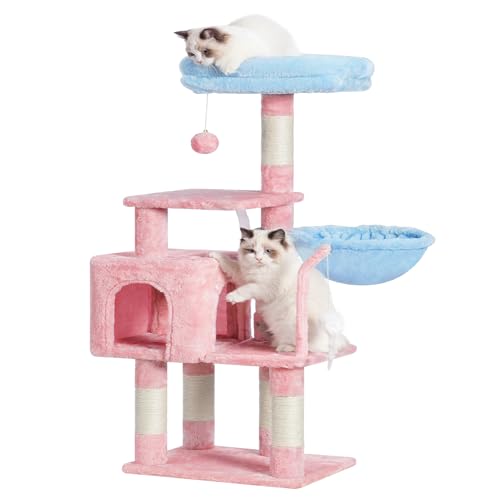 Heybly Katzenbaum mit Spielzeug, Katzenturm Höhle für Indoor-Katzen, Katzenhaus mit gepolsterter Plüschstange, gemütlicher Hängematte und Sisal-Kratzbäumen, Blau und Rosa HCT004BP von Heybly