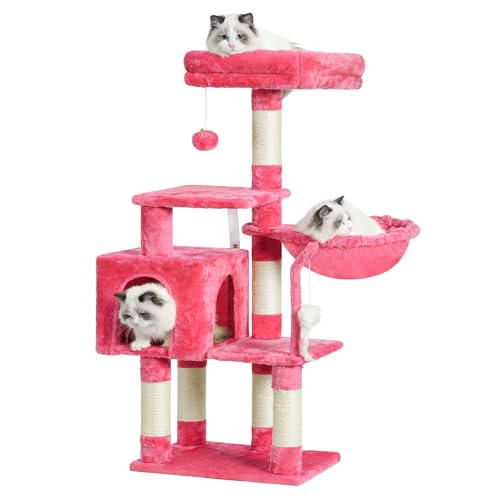 Heybly Katzenbaum mit Spielzeug, Katzenturm Höhle für Indoor-Katzen, Katzenhaus mit gepolsterter Plüschstange, gemütlicher Hängematte und Sisal-Kratzbäumen, Flamingos HCT004SF von Heybly