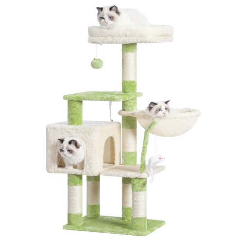 Heybly Katzenbaum mit Spielzeug, Katzenturm Höhle für Indoor-Katzen, Katzenhaus mit gepolsterter Plüschstange, gemütlicher Hängematte und Sisal-Kratzbäumen, Grün und Beige HCT004SGM von Heybly