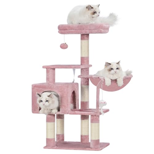 Heybly Katzenbaum mit Spielzeug, Katzenturm Höhle für Indoor-Katzen, Katzenhaus mit gepolsterter Plüschstange, gemütlicher Hängematte und Sisal-Kratzbäumen, hautrosa HCT004SP von Heybly