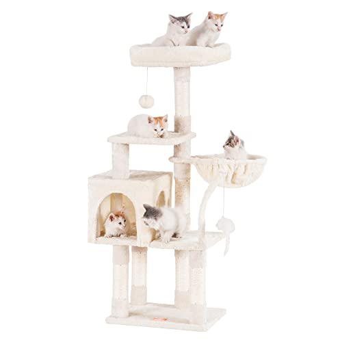 Heybly Katzenbaum mit Spielzeug, Katzenturm Höhle für Indoor-Katzen, Katzenhaus mit gepolsterter Plüschstange, gemütlicher Hängematte und Sisal-Kratzbäumen, Beige HCT004SM von Heybly