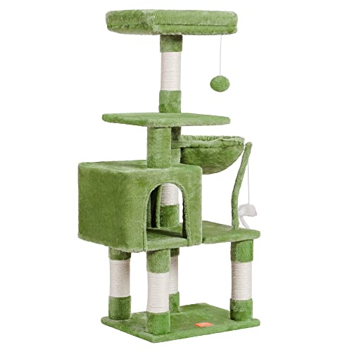 Heybly Katzenbaum mit Spielzeug, Katzenturm für Indoor-Katzen, Katzenhaus mit gepolsterter Plüschstange, gemütlicher Hängematte und Sisal-Kratzstämmen, Grün HCT004SGR von Heybly