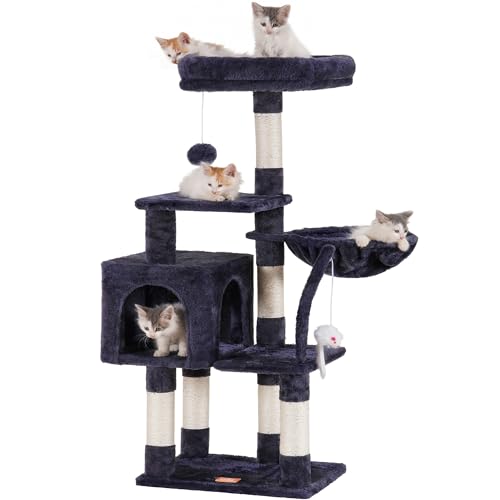 Heybly Kratzbaum mit Spielzeug, Katzenturm für Indoor-Katzen, Katzenhaus mit gepolsterter Plüsch-Sitzstange, gemütlicher Hängematte und Sisal-Kratzbäumen, Rauchgrau HCT004SG von Heybly