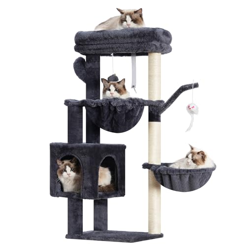 Heybly Kratzbaum, 100 cm, Turm-Condo mit Kratzbaum, Katzenturm für Indoor-Katzen, vollständig umwickelte Sisalstange, weiche Plattform, 2 Körbe und baumelndes Spielzeug, rauchgrau HCT006SG von Heybly