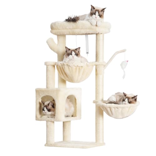 Heybly Kratzbaum, 39,4 Zoll Tower Condo mit Kratzbaum, Katzenturm für Indoor-Katzen, vollständig umwickelte Sisalstange, weiche Plattform, 2 Körbe und baumelndes Spielzeug, Beige HCT006SM von Heybly