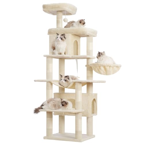 Heybly Kratzbaum, 70 Zoll Katzenturm für Indoor-Katzen, mehrstufige Plüsch-Katzenhütte mit 8 Kratzstämmen, 2 Höhlen, 2 Sitzstangen, Hängematte, Korb, Pompon, Beige HCT036M von Heybly