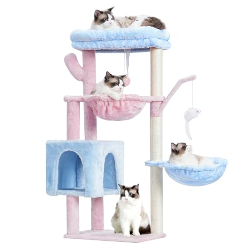 Heybly Kratzbaum, 90 cm Kaktusturm Condo mit Kratzbaum, Katzenturm für Indoor-Katzen, vollständig umwickelte Sisalstange, weiche Plattform, 2 Körbe und baumelndes Spielzeug, Blau und Rosa HCT006SBP von Heybly