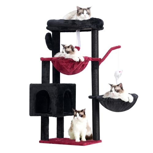 Heybly Kratzbaum, 90 cm Kaktusturm Condo mit Kratzbaum, Katzenturm für Indoor-Katzen, vollständig umwickelte Sisalstange, weiche Plattform, 2 Körbe und baumelndes Spielzeug, Schwarz und Rot HCT006SBR von Heybly